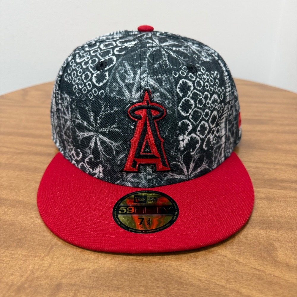 New Era 59FIFTY LA Angels Hat Mens 7 3/8 Red Black Acid wash fitted cap gray UV